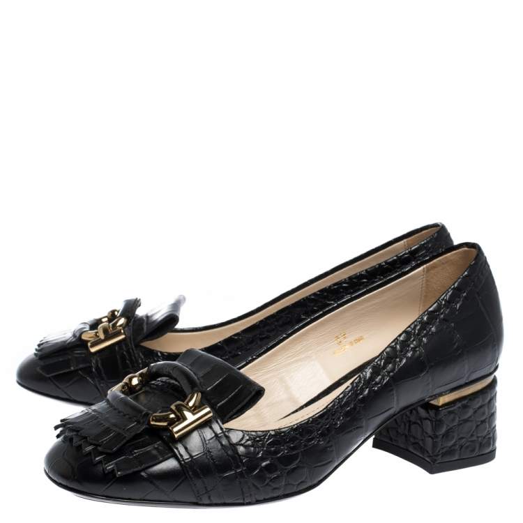 Pre Owned Tods Black Croc Embossed Leather Fringed Buckle Pumps Size 37