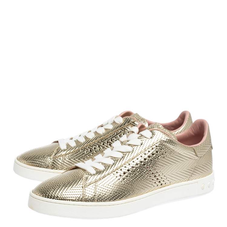 Pre Owned Tod's Metallic Gold Woven And Perforated Leather Low Top Lace Up Sneakers Size 39.5