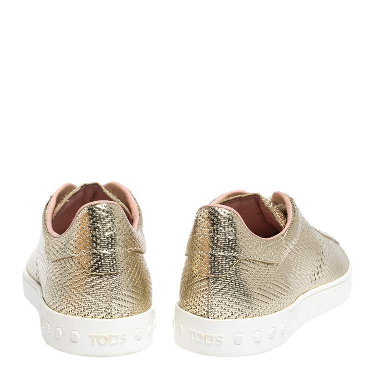 Pre Owned Tod's Metallic Gold Woven And Perforated Leather Low Top Lace Up Sneakers Size 39.5