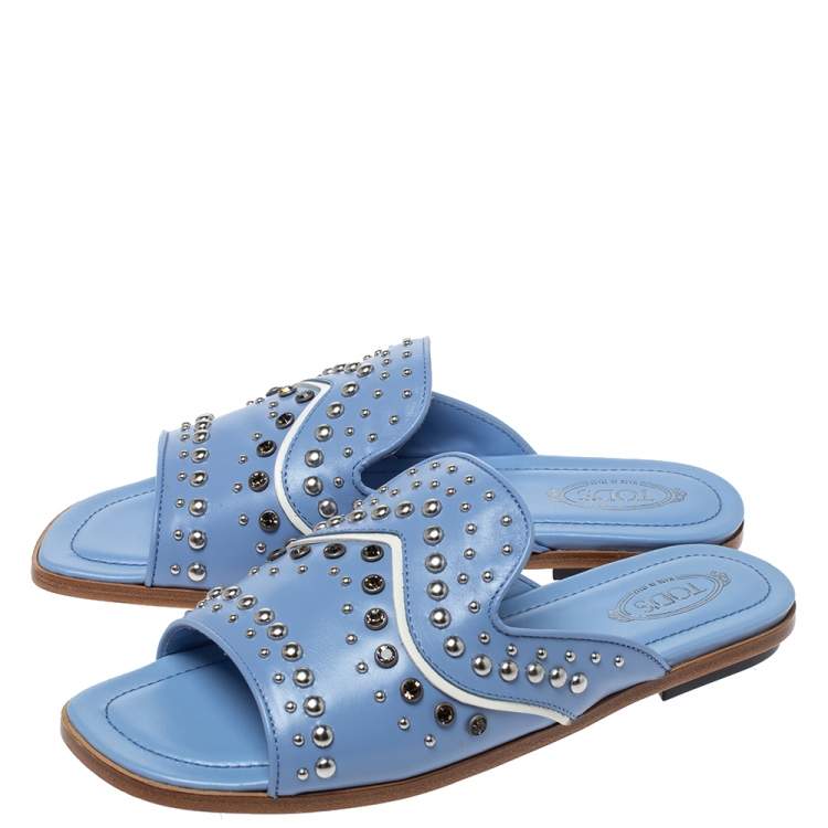Pre Owned Tod's Blue Leather Studded Flat Slides Size 37