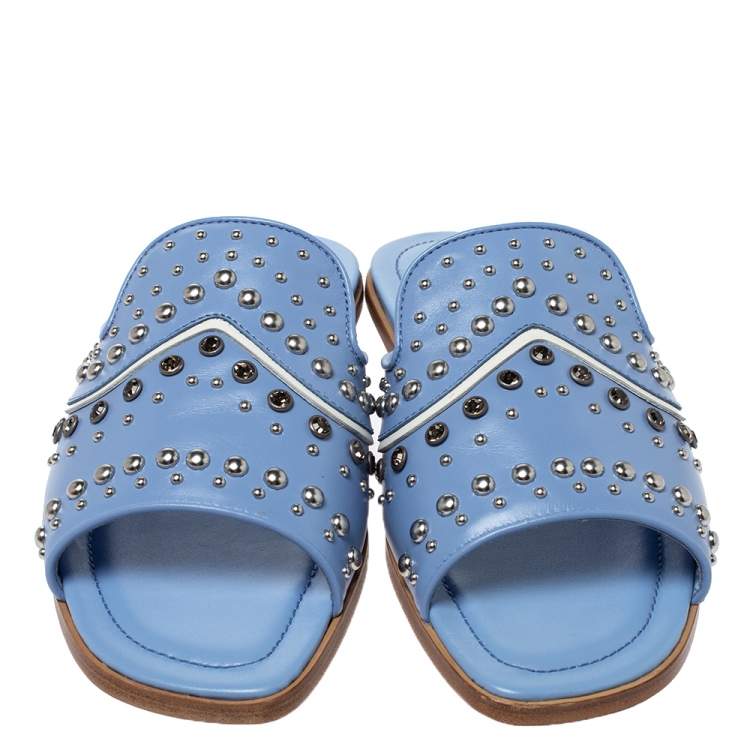 Pre Owned Tod's Blue Leather Studded Flat Slides Size 37