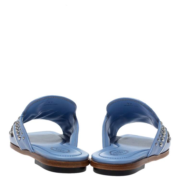 Pre Owned Tod's Blue Leather Studded Flat Slides Size 37