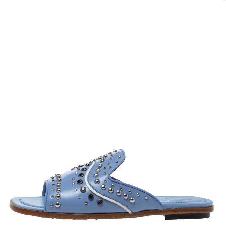 Pre Owned Tod's Blue Leather Studded Flat Slides Size 37