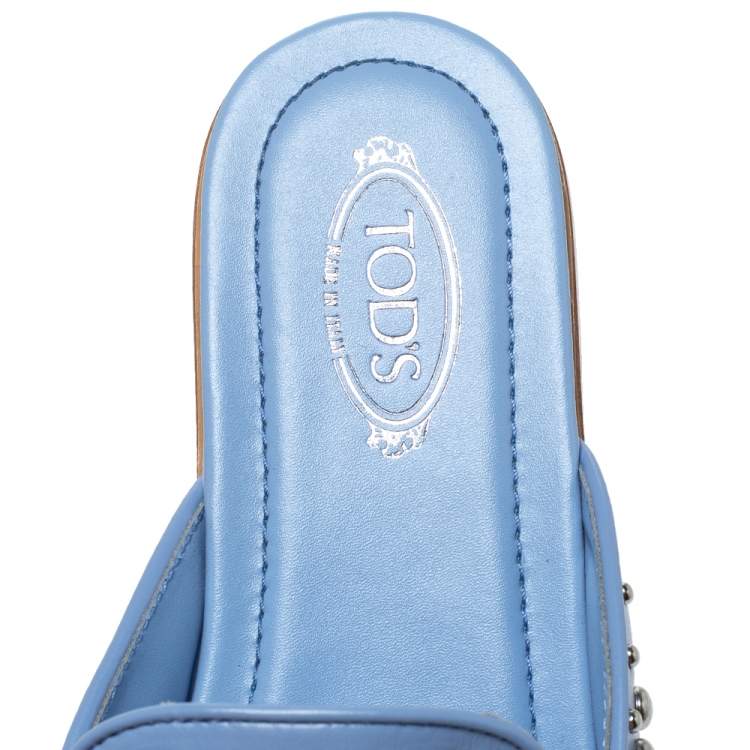 Pre Owned Tod's Blue Leather Studded Flat Slides Size 37