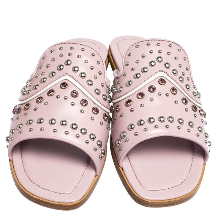 Pre Owned Tod's Pink Leather Studded Flat Slides Size 37.5 