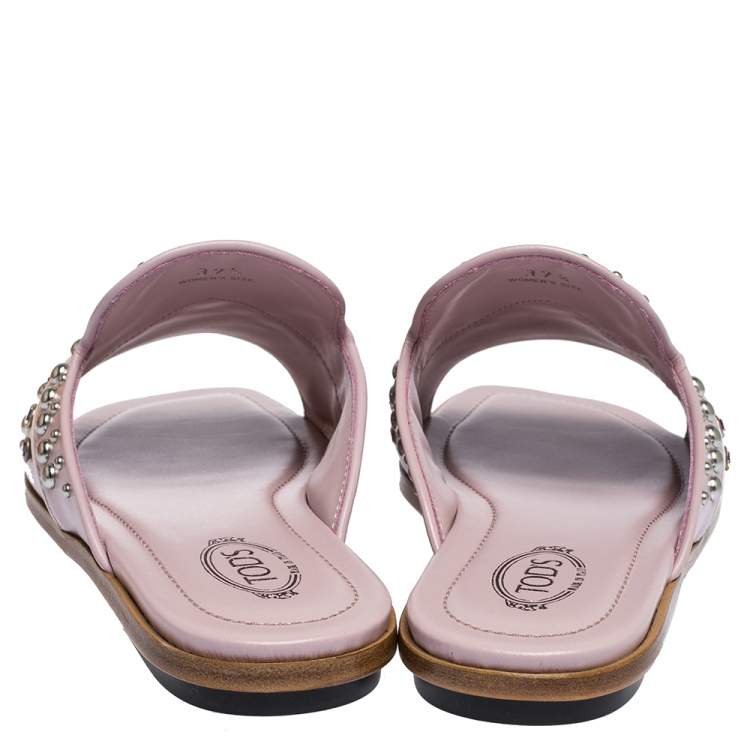 Pre Owned Tod's Pink Leather Studded Flat Slides Size 37.5 