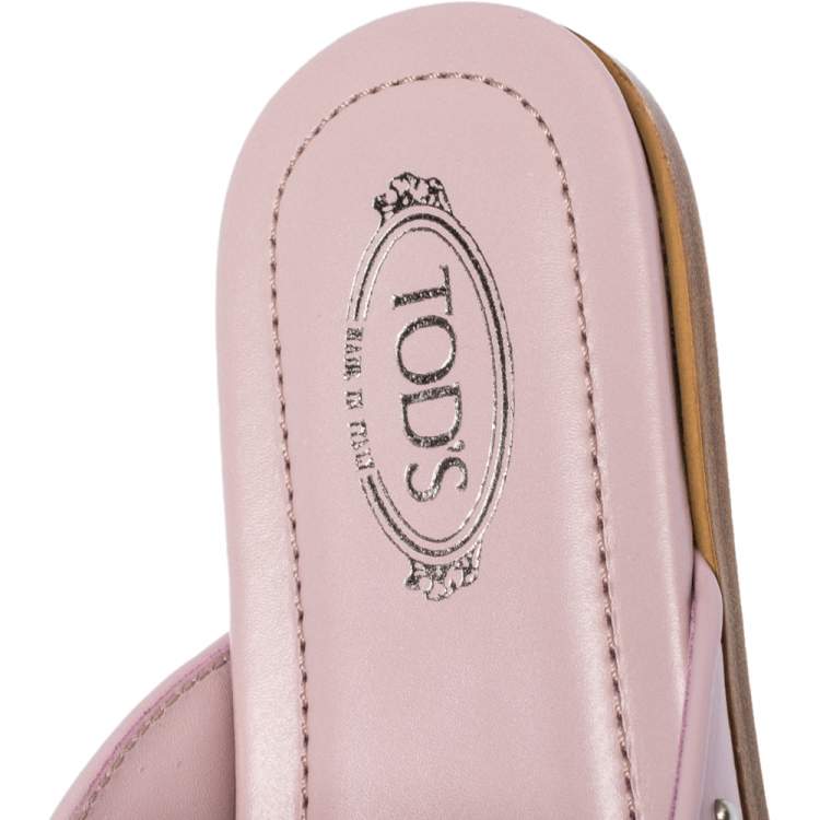 Pre Owned Tod's Pink Leather Studded Flat Slides Size 37.5 