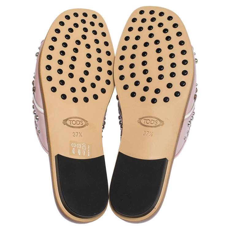 Pre Owned Tod's Pink Leather Studded Flat Slides Size 37.5 