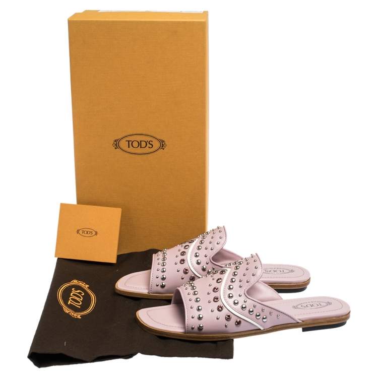Pre Owned Tod's Pink Leather Studded Flat Slides Size 37.5 