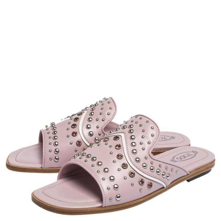 Pre Owned Tod's Pink Leather Studded Flat Slides Size 37.5 