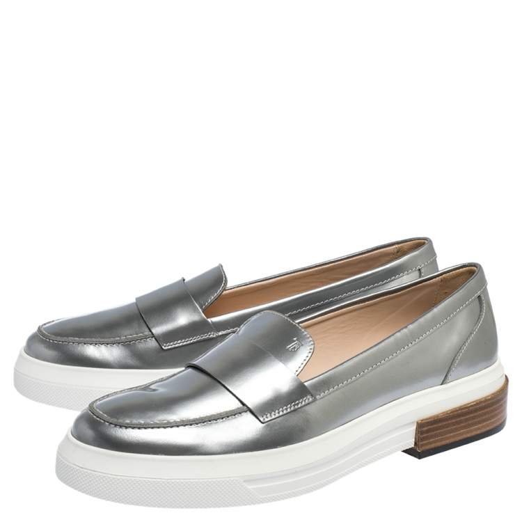Pre Owned Tod's Sliver Leather Slip On Loafers Sneakers Size 39.5