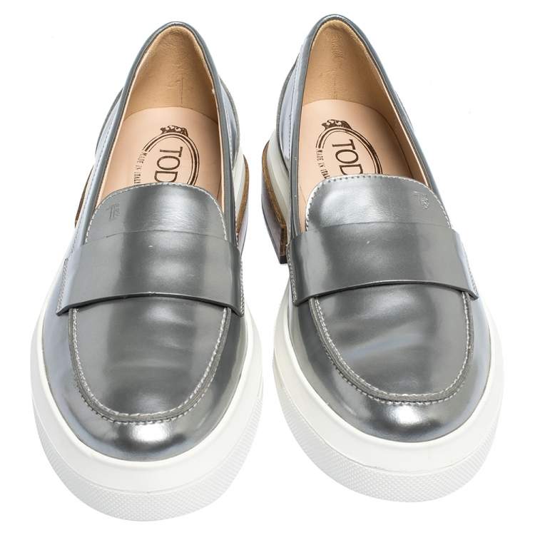 Pre Owned Tod's Sliver Leather Slip On Loafers Sneakers Size 39.5
