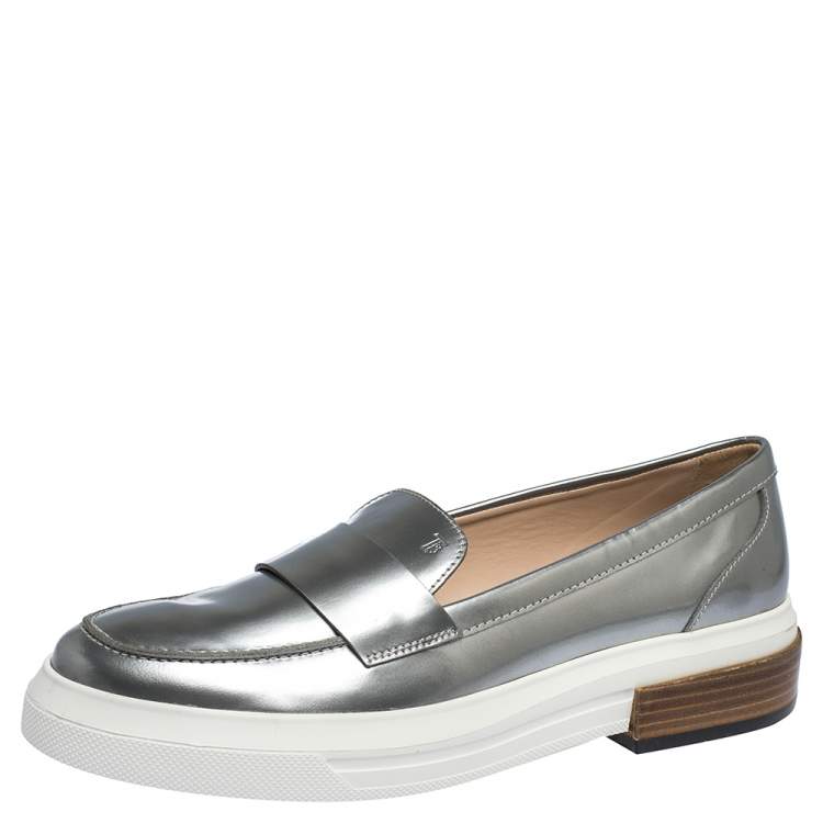 Pre Owned Tod's Sliver Leather Slip On Loafers Sneakers Size 39.5