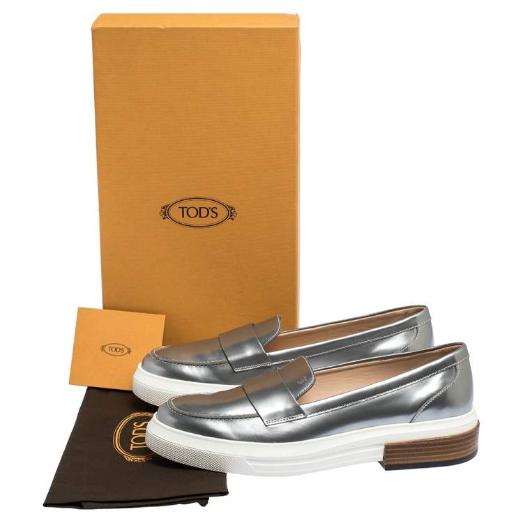 Pre Owned Tod's Sliver Leather Slip On Loafers Sneakers Size 39.5