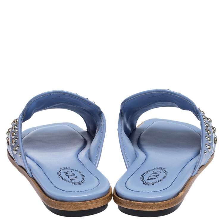 Pre Owned Tod's Blue Leather Studded Flat Slides Size 37.5