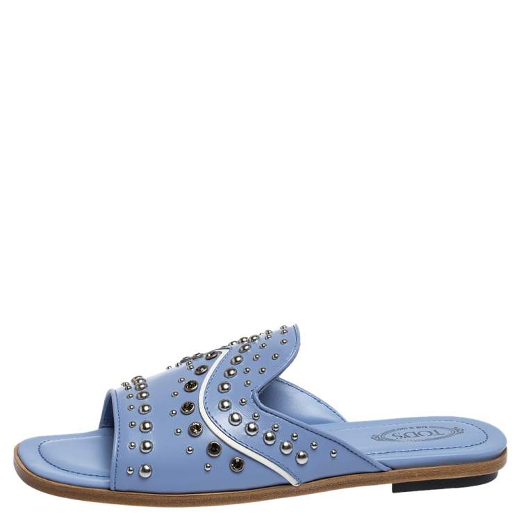 Pre Owned Tod's Blue Leather Studded Flat Slides Size 37.5
