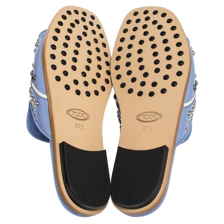 Pre Owned Tod's Blue Leather Studded Flat Slides Size 37.5