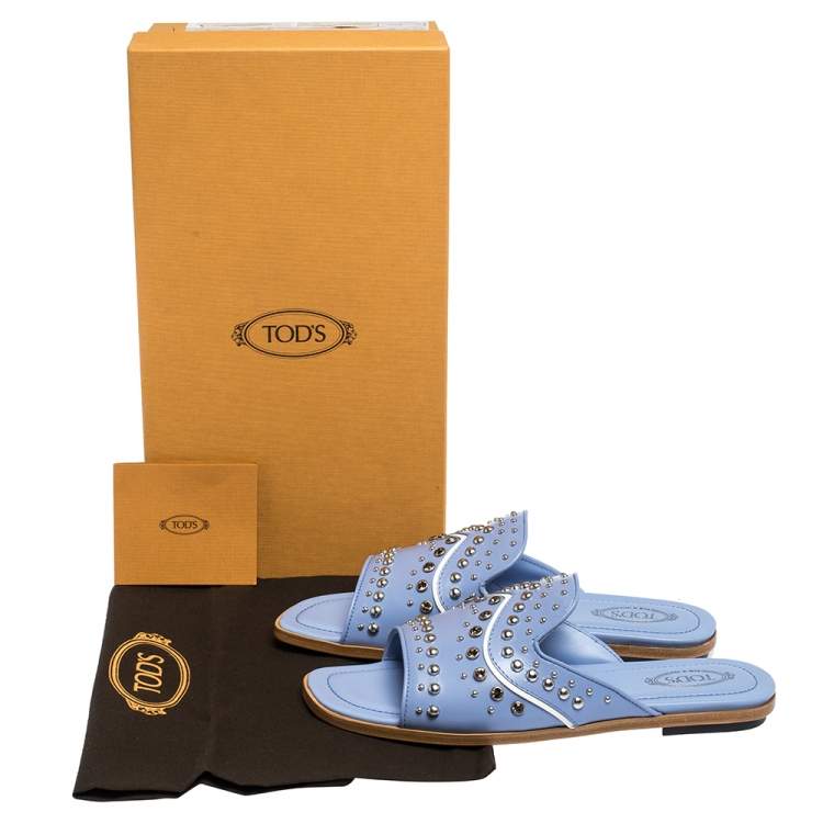 Pre Owned Tod's Blue Leather Studded Flat Slides Size 37.5