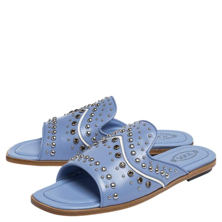 Pre Owned Tod's Blue Leather Studded Flat Slides Size 37.5