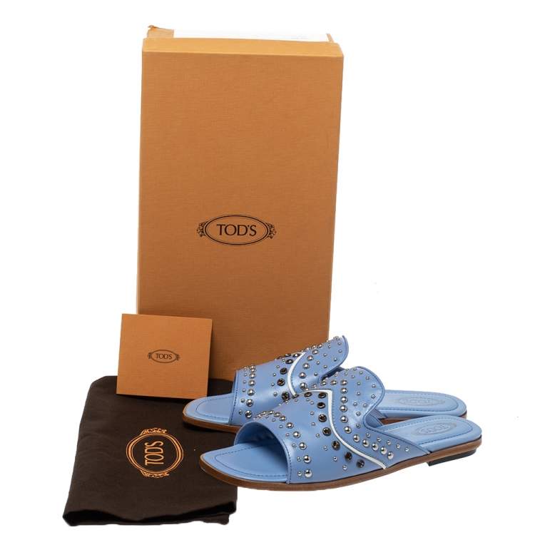 Pre Owned Tod's Blue Leather Studded Flat Slides Size 39