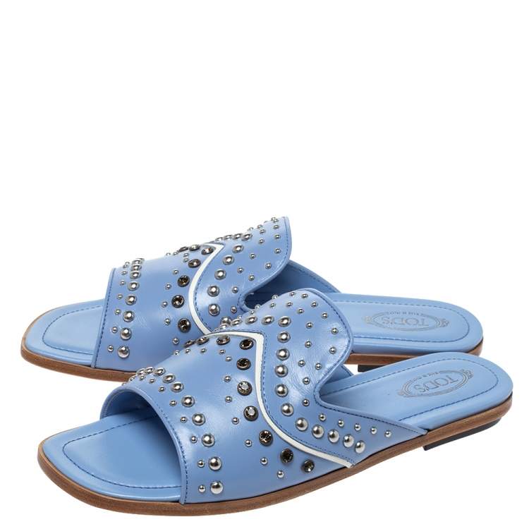 Pre Owned Tod's Blue Leather Studded Flat Slides Size 39