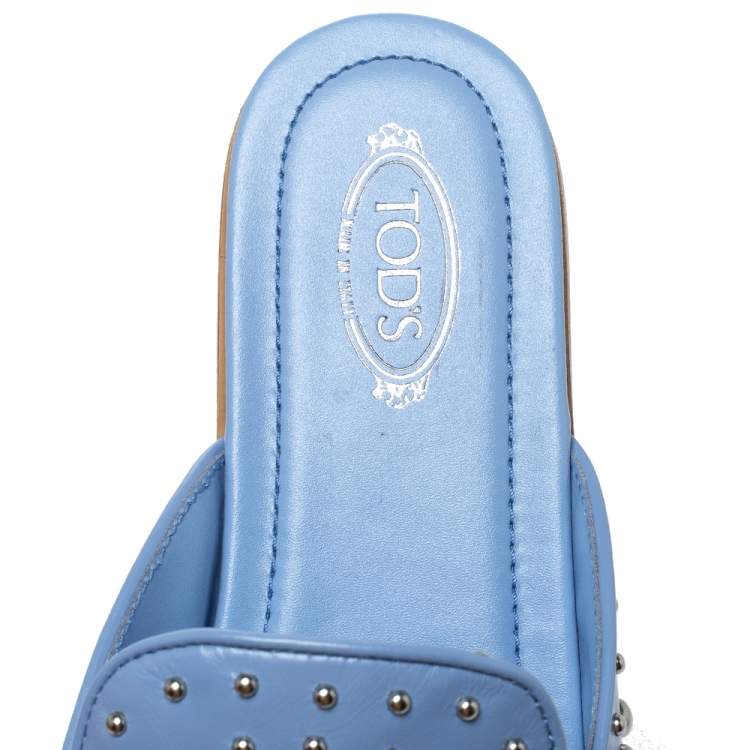 Pre Owned Tod's Blue Leather Studded Flat Slides Size 39