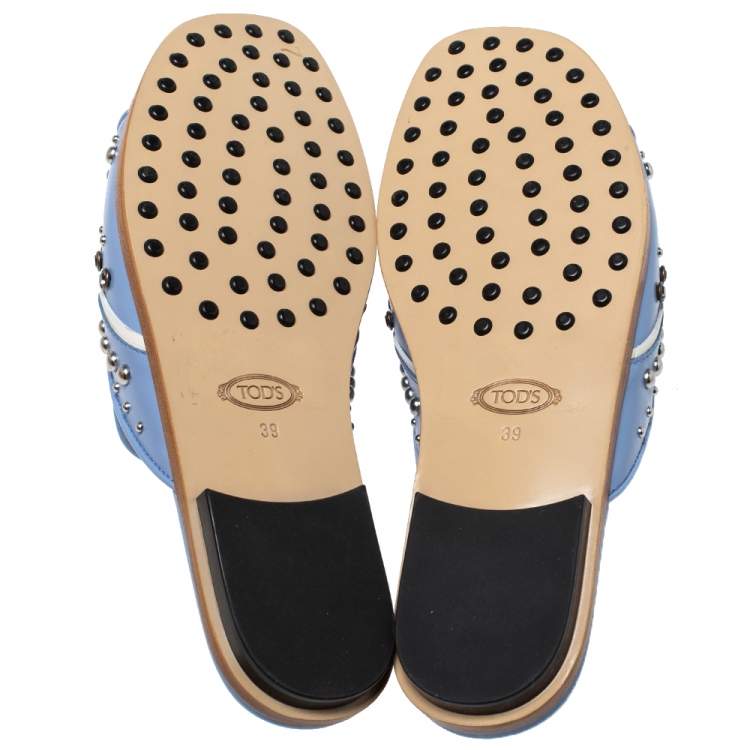 Pre Owned Tod's Blue Leather Studded Flat Slides Size 39