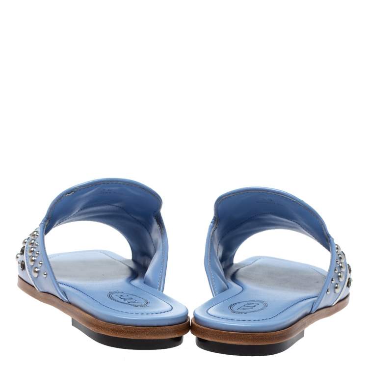Pre Owned Tod's Blue Leather Studded Flat Slides Size 39