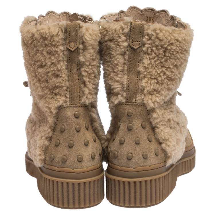 Pre Owned Tod's Beige Suede Leather And Shearling Fur Ankle Boots Size 38.5
