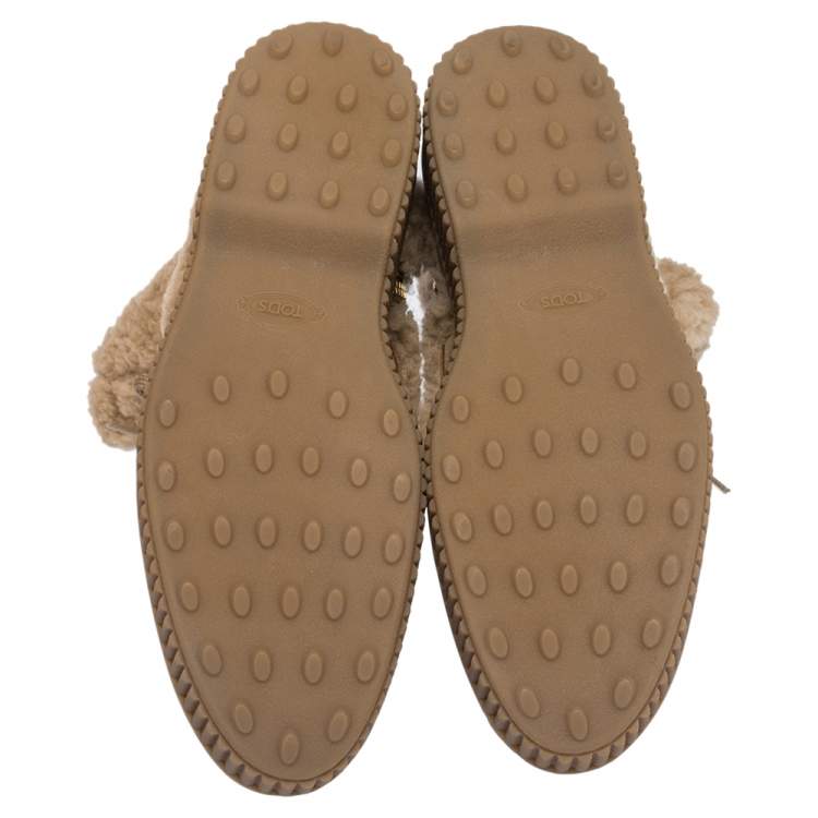 Pre Owned Tod's Beige Suede Leather And Shearling Fur Ankle Boots Size 38.5