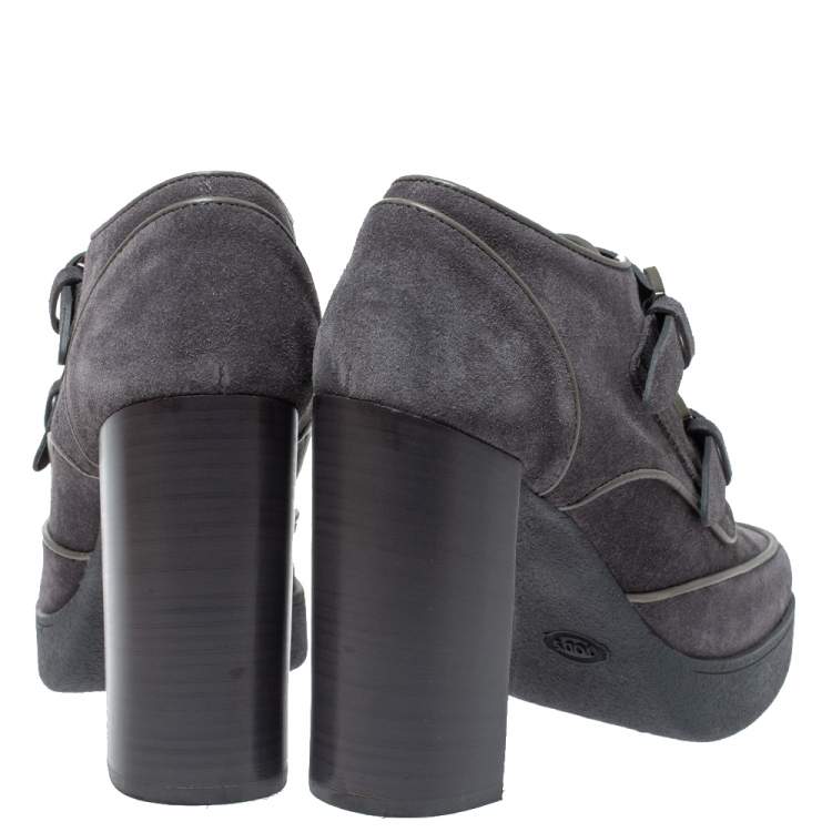 Pre Owned Tod's Grey Suede Leather Platform Block Heel Ankle Booties Size 40