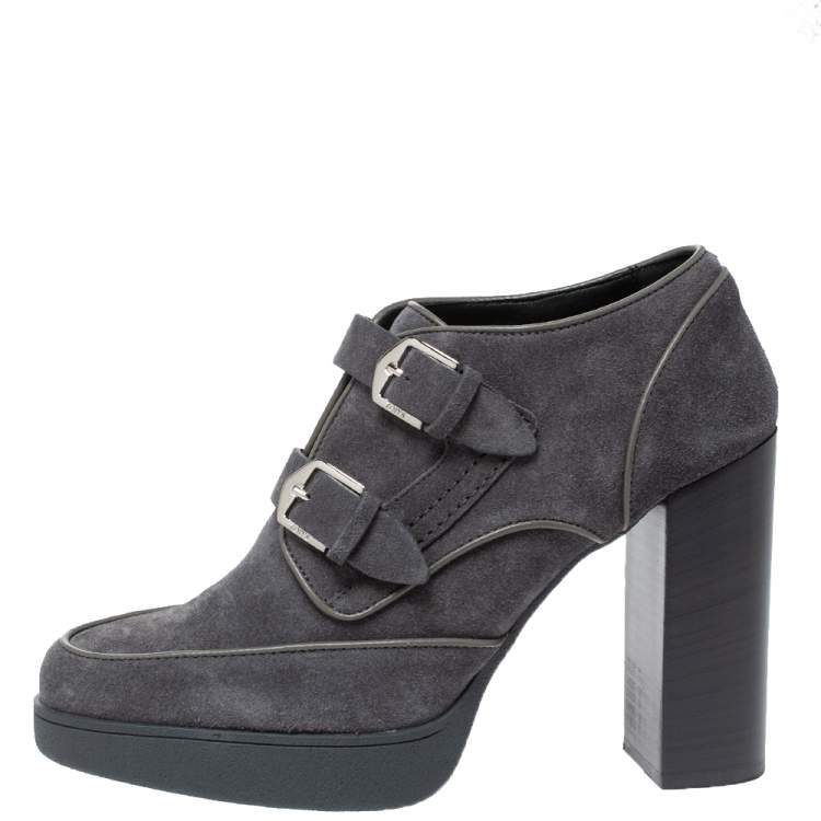 Pre Owned Tod's Grey Suede Leather Platform Block Heel Ankle Booties Size 40
