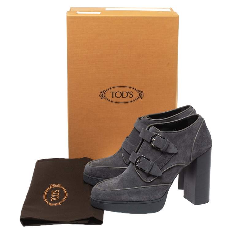 Pre Owned Tod's Grey Suede Leather Platform Block Heel Ankle Booties Size 40