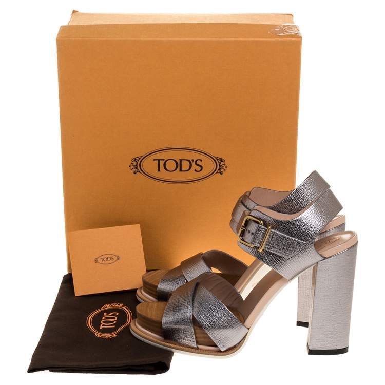 Pre Owned Tod's Grey Leather Platform Ankle Strap Sandals Size 38.5