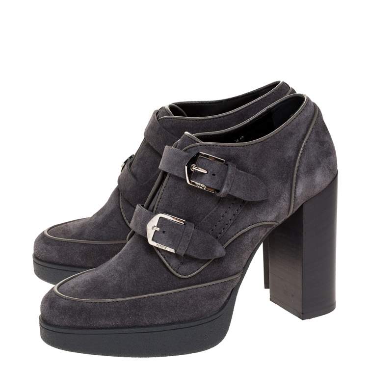 Pre Owned Tod's Grey Suede Leather Platform Block Heel Ankle Booties Size 39