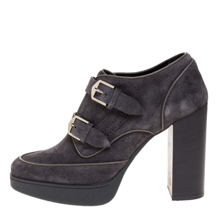 Pre Owned Tod's Grey Suede Leather Platform Block Heel Ankle Booties Size 39