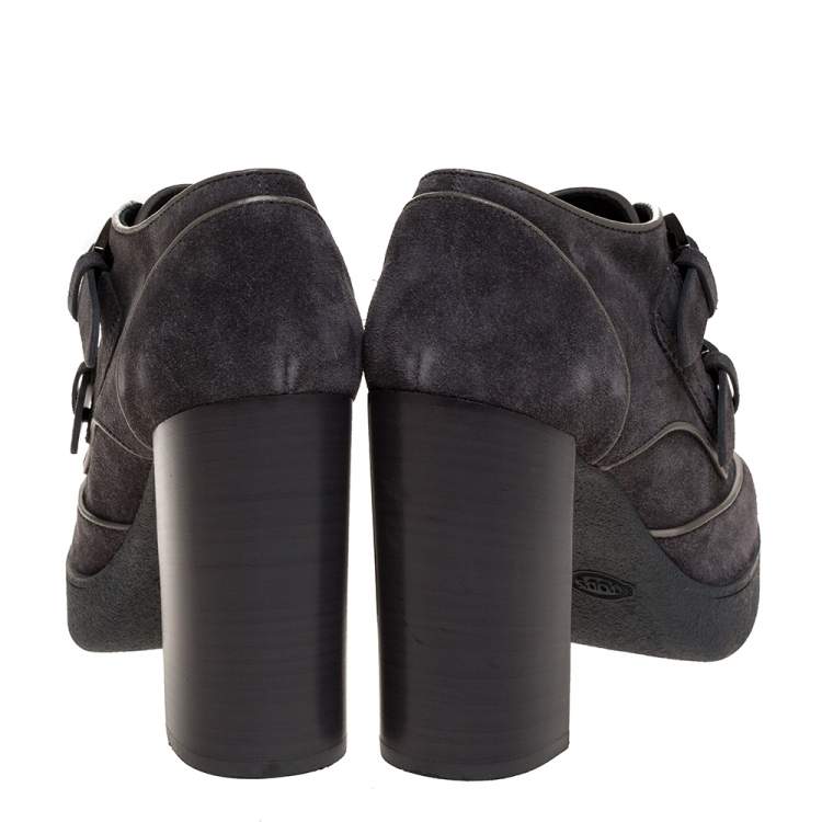 Pre Owned Tod's Grey Suede Leather Platform Block Heel Ankle Booties Size 39