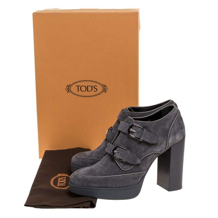 Pre Owned Tod's Grey Suede Leather Platform Block Heel Ankle Booties Size 39