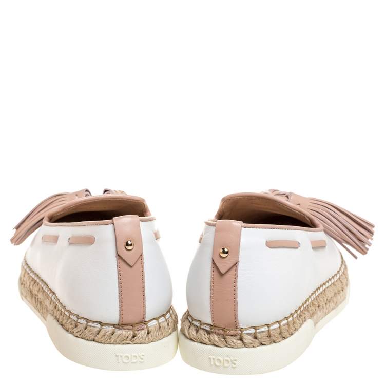 Pre Owned Tod's White Leather Tassel Detail Espadrille Loafers Size 37