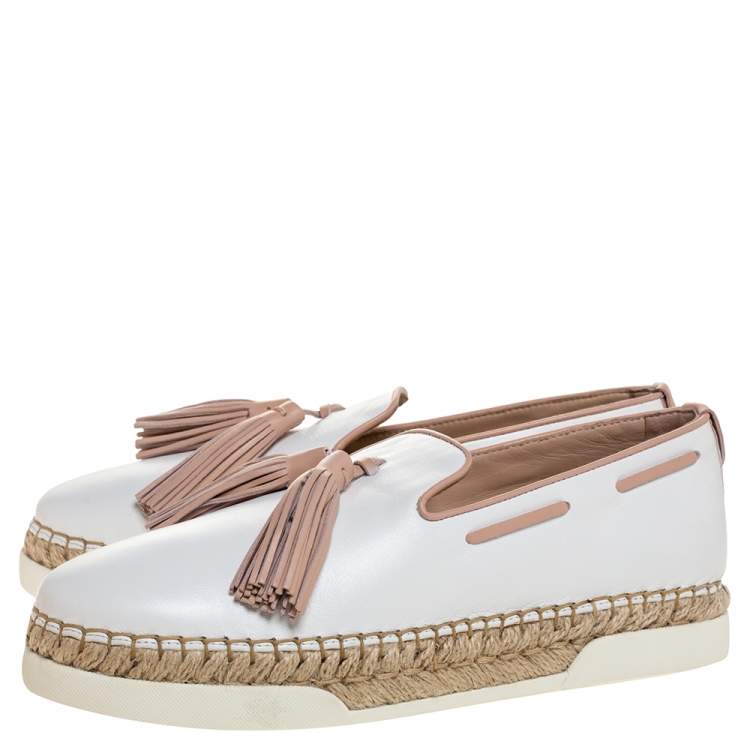 Pre Owned Tod's White Leather Tassel Detail Espadrille Loafers Size 37