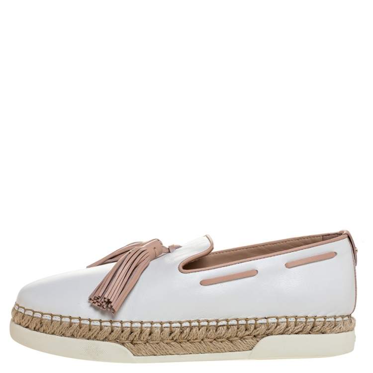 Pre Owned Tod's White Leather Tassel Detail Espadrille Loafers Size 37
