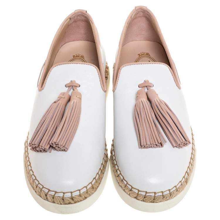 Pre Owned Tod's White Leather Tassel Detail Espadrille Loafers Size 37