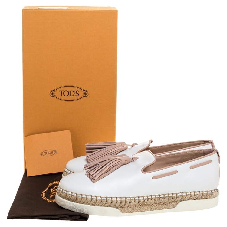 Pre Owned Tod's White Leather Tassel Detail Espadrille Loafers Size 37
