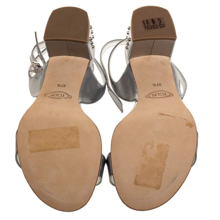 Pre Owned Tod's Silver Leather Studded Heel Ankle Strap Sandals Size 37.5