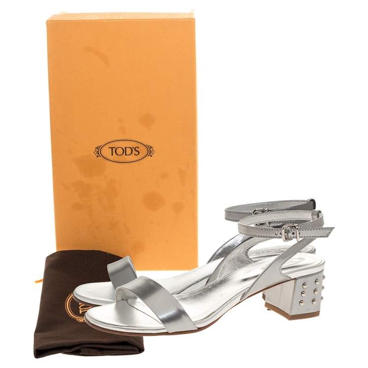 Pre Owned Tod's Silver Leather Studded Heel Ankle Strap Sandals Size 37.5