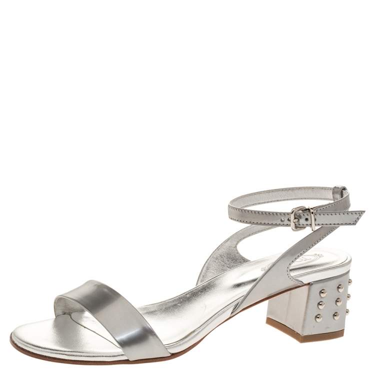 Pre Owned Tod's Silver Leather Studded Heel Ankle Strap Sandals Size 37.5