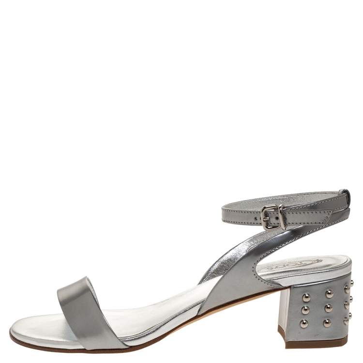 Pre Owned Tod's Silver Leather Studded Heel Ankle Strap Sandals Size 37.5
