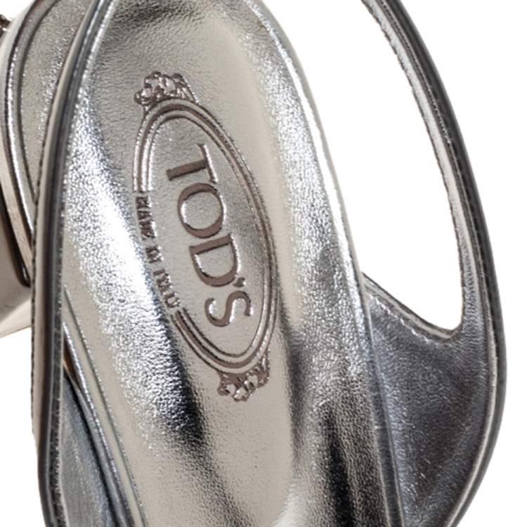 Pre Owned Tod's Silver Leather Studded Heel Ankle Strap Sandals Size 37.5