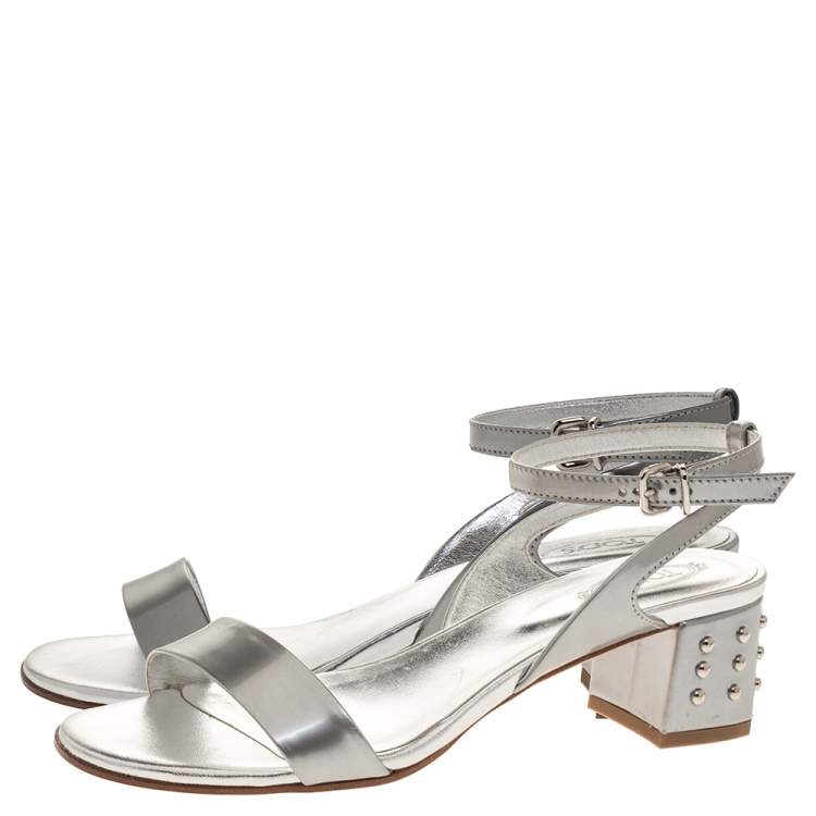 Pre Owned Tod's Silver Leather Studded Heel Ankle Strap Sandals Size 37.5