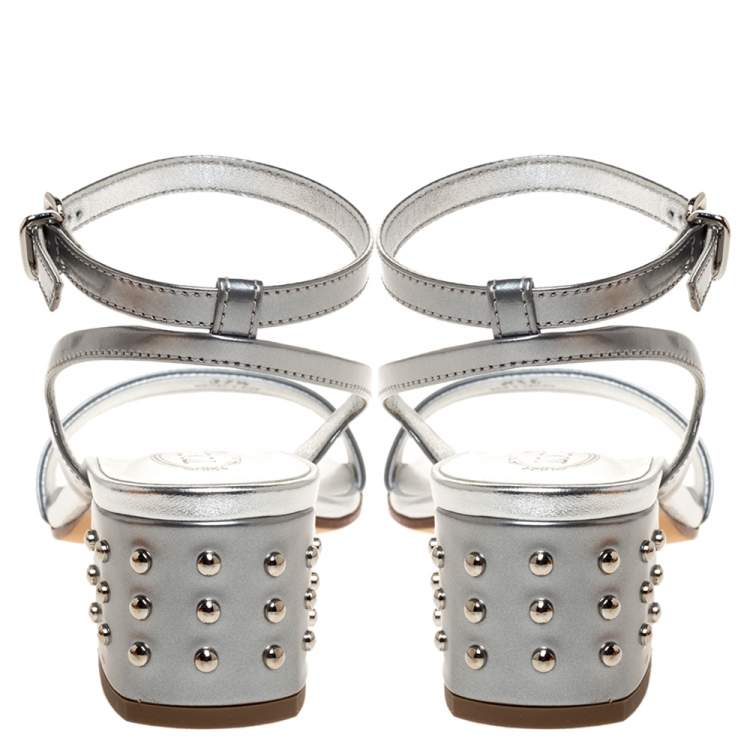 Pre Owned Tod's Silver Leather Studded Heel Ankle Strap Sandals Size 37.5
